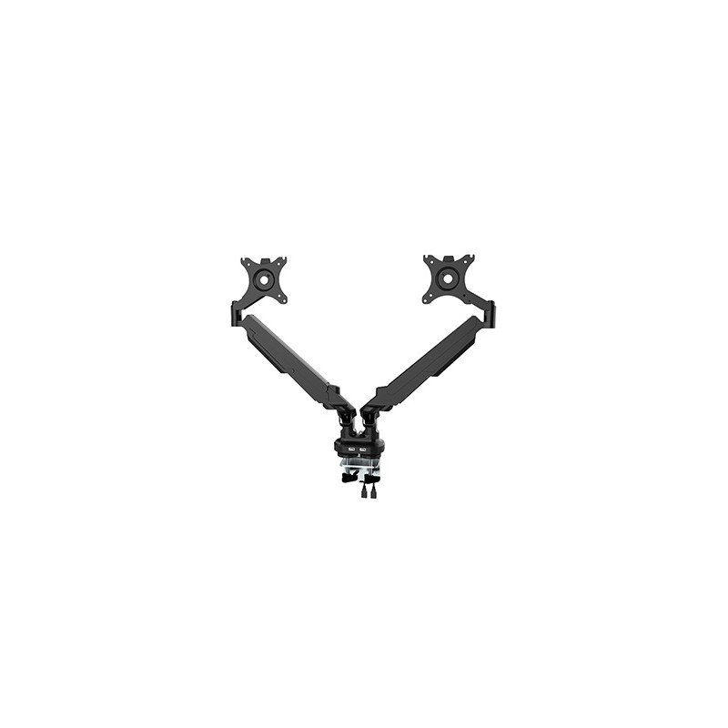 Regulowany uchwyt na 2 monitory, czarny, 2-9 Kg, mocowanie na zacisk, 17"-32", USB HUB, 75x75/100x100