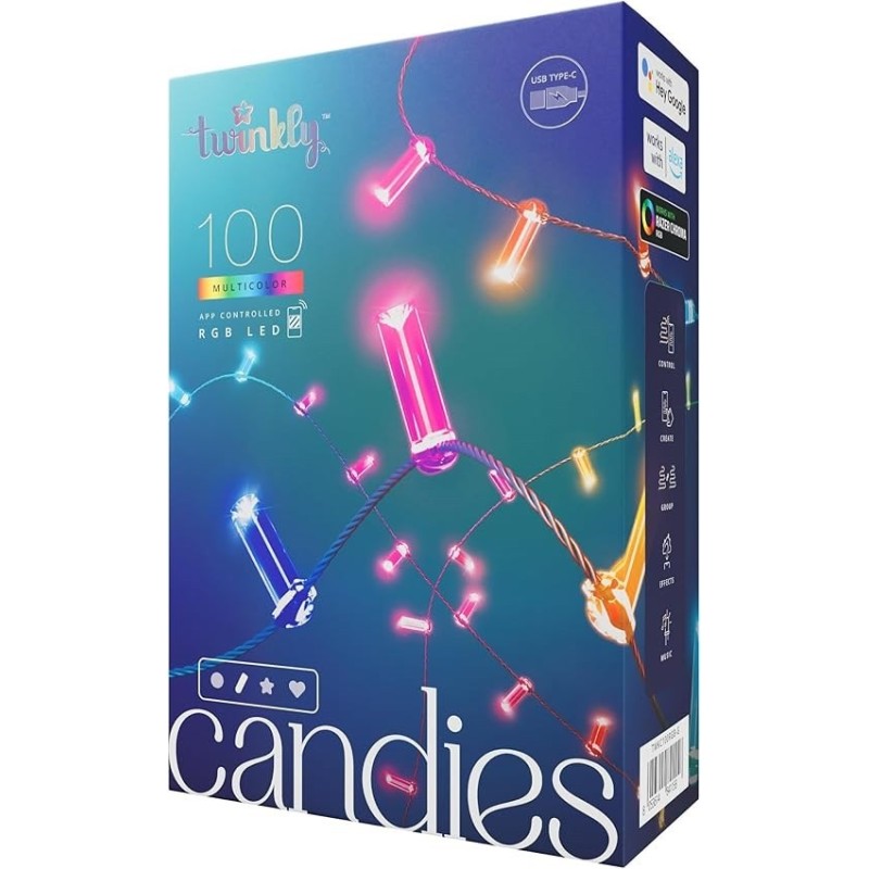 Twinkly Candies – 100 Lampki w kształcie świeczki RGB LEDs, zielony przewód, USB-C