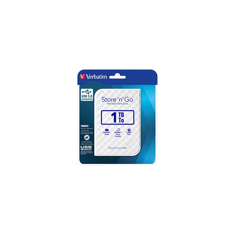 Verbatim zewnętrzny dysk twardy, Store N Go, 2.5", USB 3.0 (3.2 Gen 1), 1TB, 53206, biały