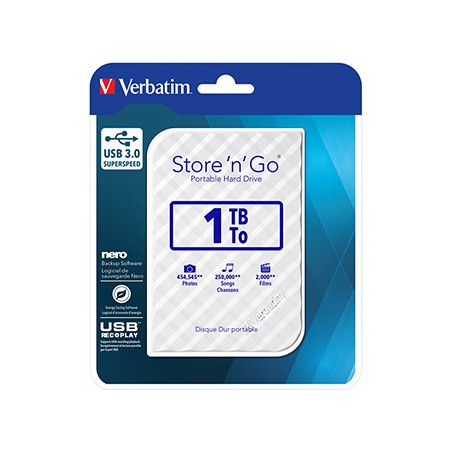 Verbatim zewnętrzny dysk twardy, Store N Go, 2.5", USB 3.0 (3.2 Gen 1), 1TB, 53206, biały