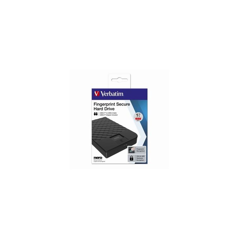Verbatim zewnętrzny dysk twardy, Fingerprint Secure HDD, 2.5", USB 3.0 (3.2 Gen 1), 1TB, 53650, czarny, szyfrowany z czytnikiem 