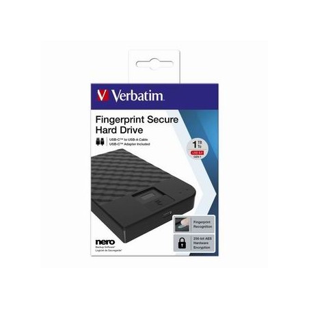 Verbatim zewnętrzny dysk twardy, Fingerprint Secure HDD, 2.5", USB 3.0 (3.2 Gen 1), 1TB, 53650, czarny, szyfrowany z czytnikiem 