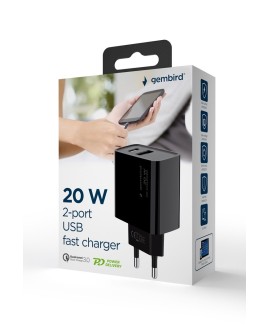 GEMBIRD 2-PORTOWA SZYBKA ŁADOWARKA SIECIOWA POWER DELIVERY USB TYP-C, 20W, CZARNA