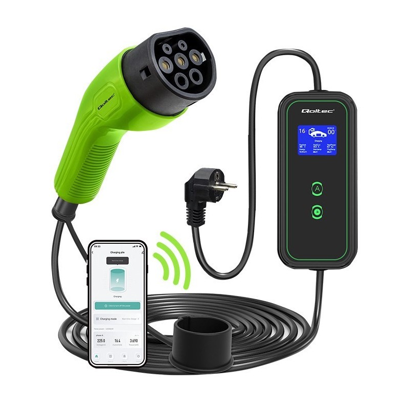 Qoltec 52476 Mobilna ładowarka do samochodu elektrycznego EV z regulacją 2w1 Typ2 | 3.5kW | 230V | Wi-fi | LCD | Przenośna |