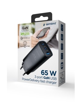 GEMBIRD SZYBKA ŁADOWARKA USB POWER DELIVERY USB TYPU C, 3X USB, 65 W, GAN CZARNA