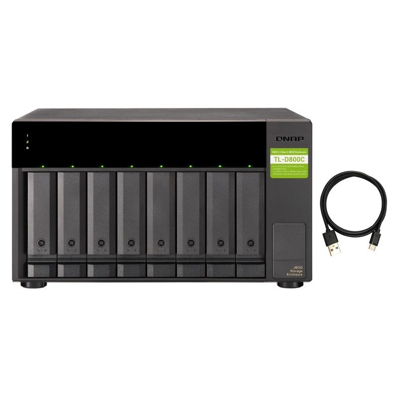 Qnap TL-D800C Expansion unit, Towerm, USB-C 3.1 Gen2 10Gbps JBOD expansion unit  with a 1-meter USB-C to USB-A 3.1 Gen2 cable.