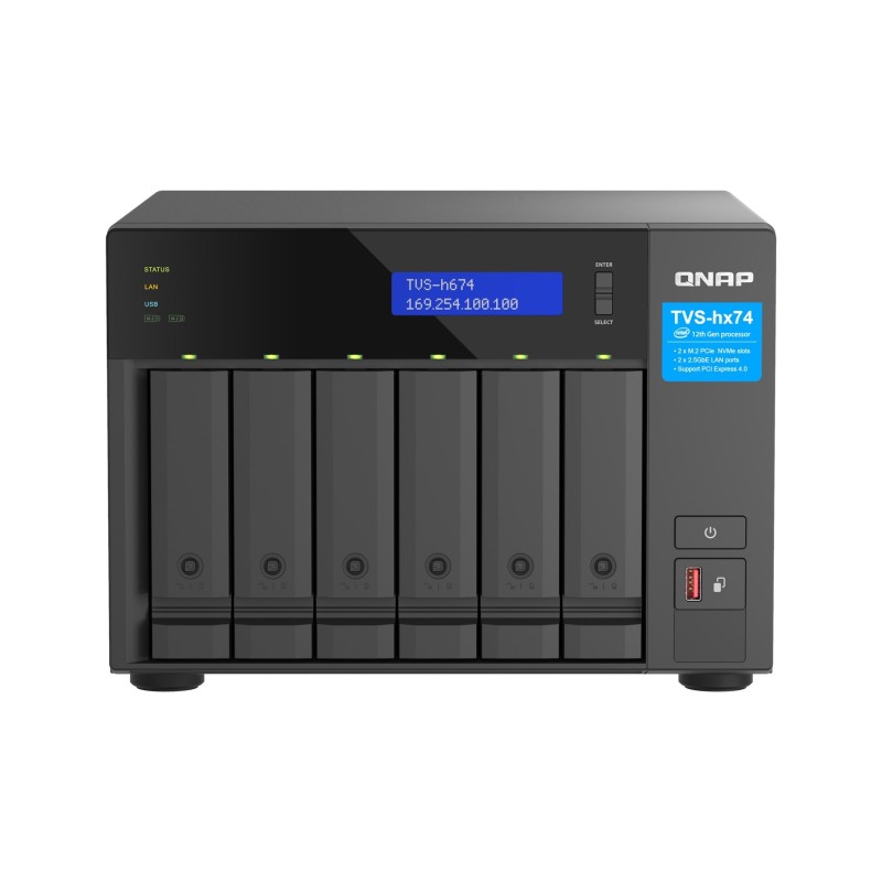 Qnap TVS-h674-i3-16G, Tower, 6 x 2.5"/3.5" SATA, Intel Core i3-12100 4C/8T, 16GB DDR4 SODIMM (Max. 128GB), 2 x 2.5GbE, Single
