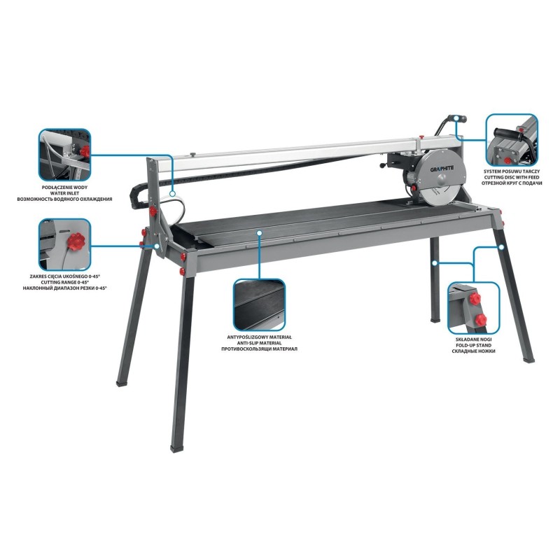 Przecinarka do glazury 1500W Graphite 250x25, rozmiar stołu 1230x460, zakres cięcia 1200mm