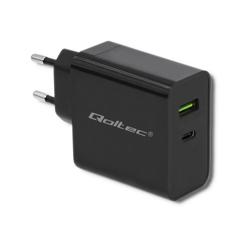 QOLTEC ŁADOWARKA SIECIOWA 42W | 5-20V | 2.25-3A | USB TYP C PD | USB | CZARNA