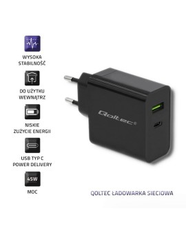 QOLTEC ŁADOWARKA SIECIOWA 42W | 5-20V | 2.25-3A | USB TYP C PD | USB | CZARNA