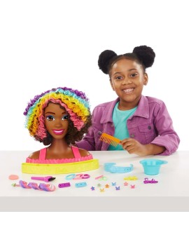 BARBIE GŁOWA DO STYLIZACJI NEONOWA TĘCZA KRĘCONE WŁOSY HMD79