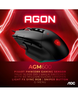 Mysz przewodowa AOC AGM600 Pixart PWM3389 RGB 16000 DPI czarna
