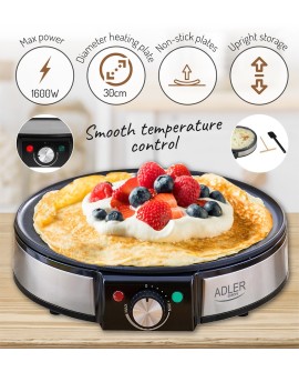 Adler AD 3058 urządzenie do smażenia naleśników 1 naleś. 1600 W Czarny, Stal nierdzewna
