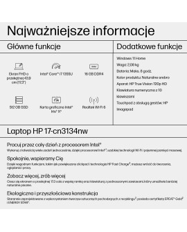 HP 17-cn3134nw i7-1355U 17,3"FHD AG IPS 250 nits 16GB DDR4 SSD512 IrisXe Cam Win11 2Y Natural Silver