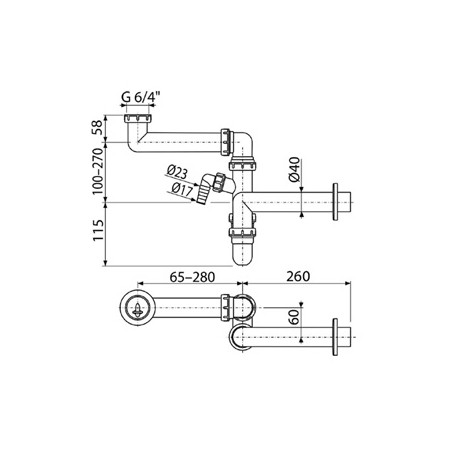 Alcadrain Syfon plastikowy do zlewu, 40 mm, 65-280mm, biały, syfon z przyłączem i nakrętką złączkową 6/4"