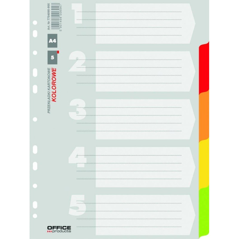 Przekładki A4 OFFICE PRODUCTS mix kolorów karton 170g/m² 5kart