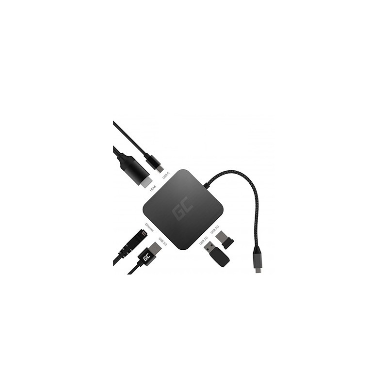USB-C (3.0) hub 7-port, AK-61, szary, Green Cell, 3xUSB 3.0, HDMI 4K (30Hz), Ethernet 1Gbps, USB-C
