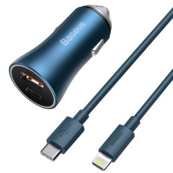 Ładowarka samochodowa Baseus Golden Contactor Pro, USB + USB-C, QC4.0+, PD, SCP, 40W (niebieska) + kabel USB-C do Lightning 1m 