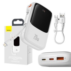 Powerbank Baseus Qpow Pro z kablem Lightning, USB-C, USB, 10000mAh, 20W (biały)