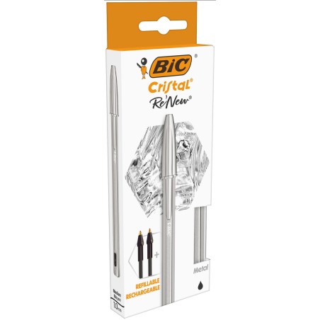 Długopis BIC CRISTAL RE'NEW METAL 997201 czarny 1.0mm matowa srebrna obudowa + 2 wkłady