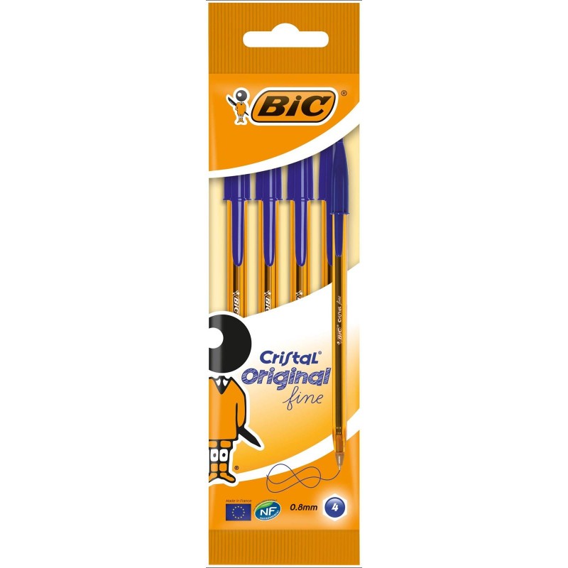 Długopis jednorazowy BIC CRISTAL ORIGINAL FINE 872721 niebieski 0.8mm przezroczysta pomarańczowa obudowa 4szt