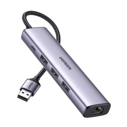 Adapter UGREEN 5w1 USB-A do 3x USB 3.0 + RJ45 + USB-C  CM475(szary)