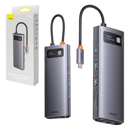 Hub 9w1 Baseus Metal Gleam Series, USB-C do 2x USB 3.0 + 2x HDMI + USB 2.0 + USB-C PD + Ethernet RJ45 + microSD/SD