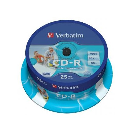 Verbatim CD-R, 43439, AZO Wide Inkjet Printable, 25-pack, 700MB, 52x, 80min., 12cm, spindle, do archiwizacji danych