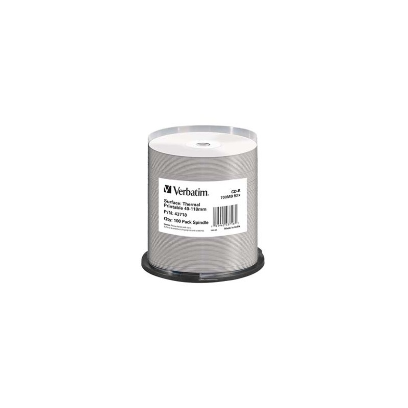 Verbatim CD-R, 43718, Thermal Printable - No ID Brand, 100-pack, 700MB, 52x, 80min., 12cm, spindle, do archiwizacji danych