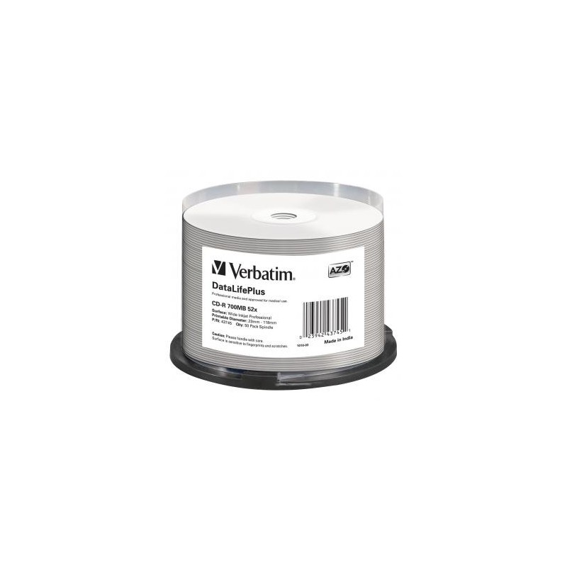 Verbatim CD-R, 43745, DataLifePlus Wide Inkjet Printable, 50-pack, 700MB, 52X, 80min., 12cm, spindle, do archiwizacji danych