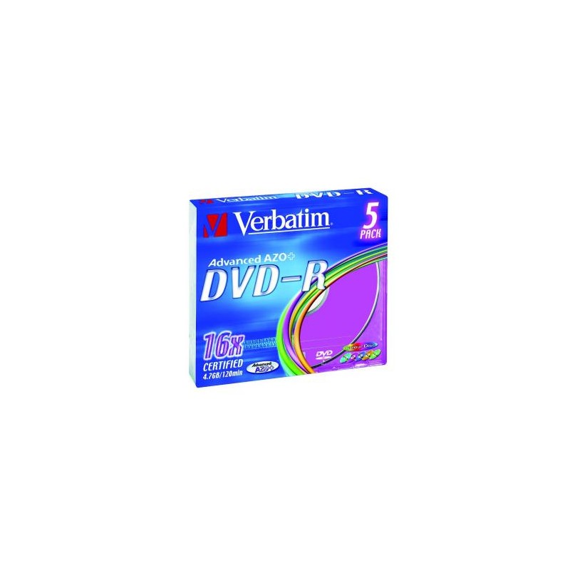 Verbatim DVD-R, Colour, 43557, 4.7GB, 16x, slim box, 5-pack, bez możliwości nadruku, 12cm, do archiwizacji danych