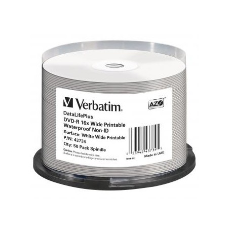 Verbatim DVD-R, Wide Printable Waterproof No ID Brand, 43734, 4.7GB, 16x, spindle, 50-pack, 12cm, do archiwizacji danych