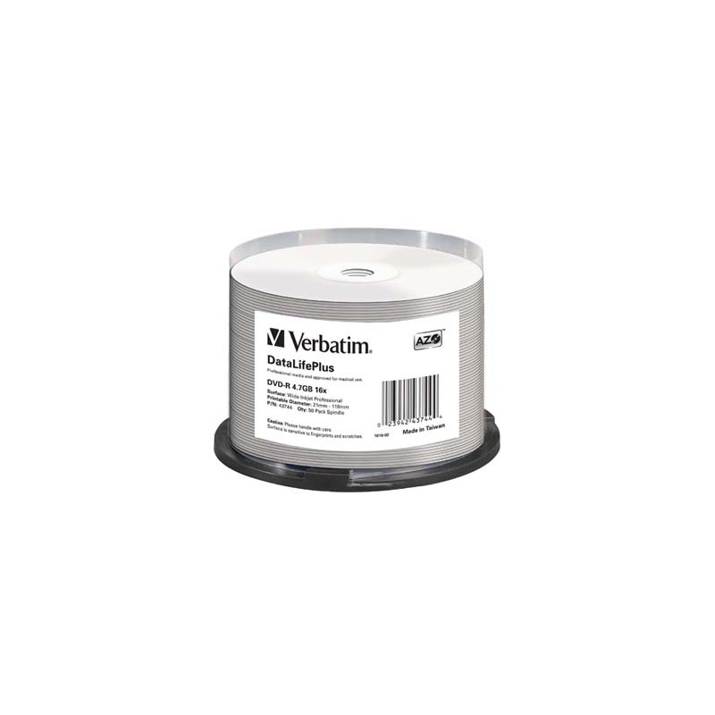 Verbatim DVD-R, DataLifePlus Wide Inkjetr Printable, 43744, 4.7GB, 16X, cake box, 50-pack, 12cm, do archiwizacji danych