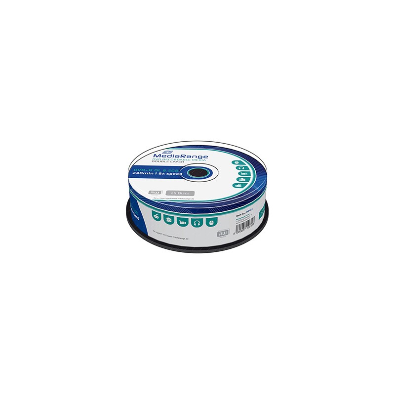 Mediarange DVD+R, MR469, 8.5GB, 8x, cake box, 25-pack, bez możliwości nadruku, 12cm, Double Layer, do archiwizacji danych
