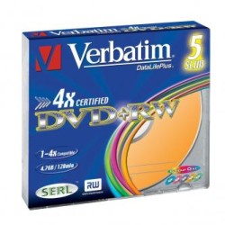 Verbatim DVD+RW, Colour, 43297, 4.7GB, 4x, slim box, 5-pack, bez możliwości nadruku, 12cm, do archiwizacji danych
