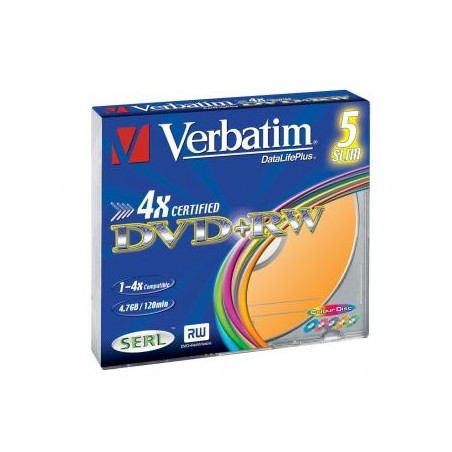 Verbatim DVD+RW, Colour, 43297, 4.7GB, 4x, slim box, 5-pack, bez możliwości nadruku, 12cm, do archiwizacji danych