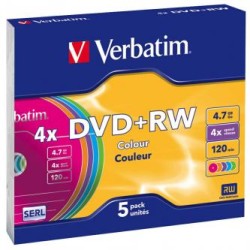 Verbatim DVD+RW, Colour, 43297, 4.7GB, 4x, slim box, 5-pack, bez możliwości nadruku, 12cm, do archiwizacji danych
