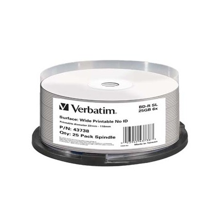Verbatim BD-R, Single Layer Wide Printable No ID Surface Hard Coat, 25GB, cake box, 43738, 6x, 25-pack, do archiwizacji danych