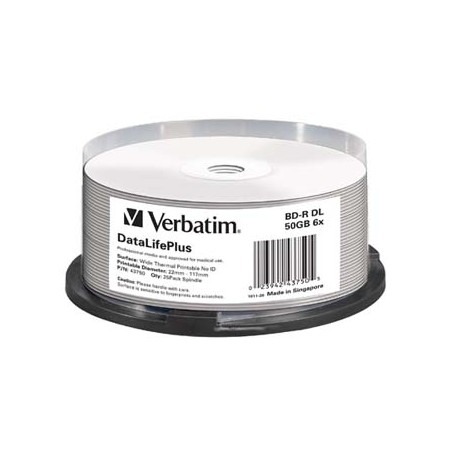 Verbatim BD-R, DL+ Wide Thermal Printable No Id Surface Hard Coat, 50GB, spindle, 43750, 6x, 25-pack, do archiwizacji danych