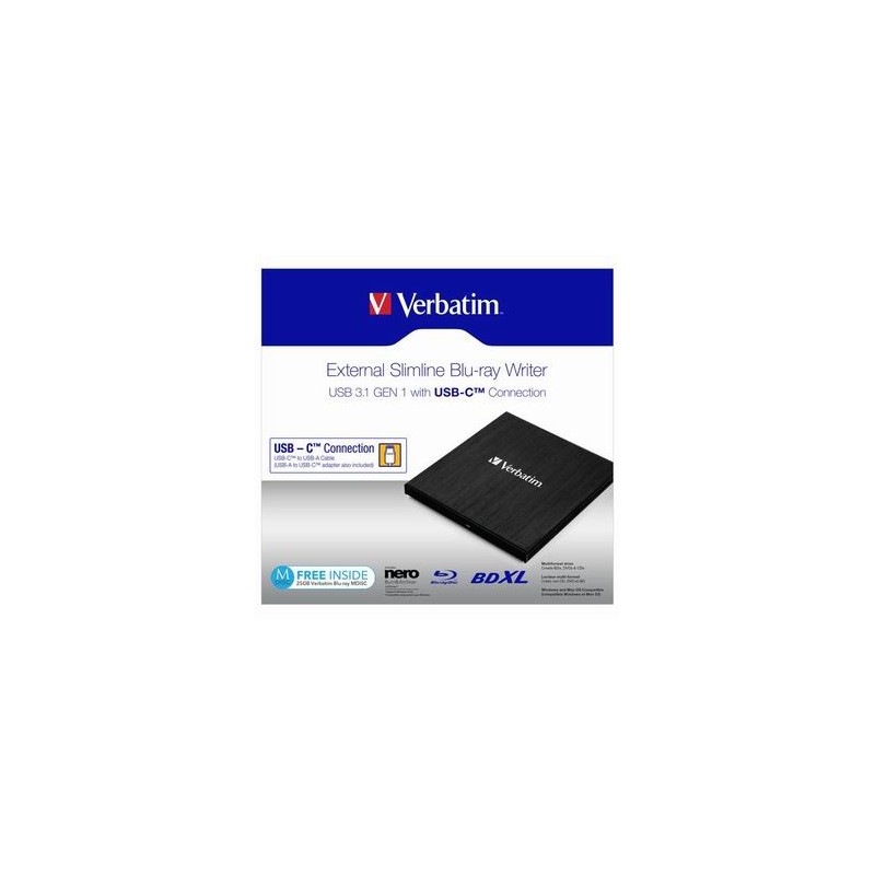 Verbatim Zewnętrzna nagrywarka Blu-Ray, 43889, USB 3.1, USB-C, 25GB MDISC GRATIS