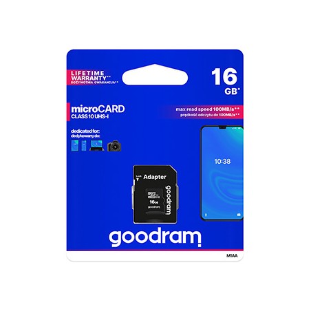 Goodram Karta pamięci Micro Secure Digital Card, 16GB, micro SDHC, M1AA-0160R12, UHS-I U1 (Class 10), z adapterm