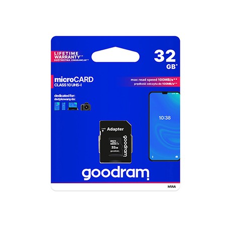 Goodram Karta pamięci Micro Secure Digital Card, 32GB, micro SDHC, M1AA-0320R12, UHS-I U1 (Class 10), z adapterm