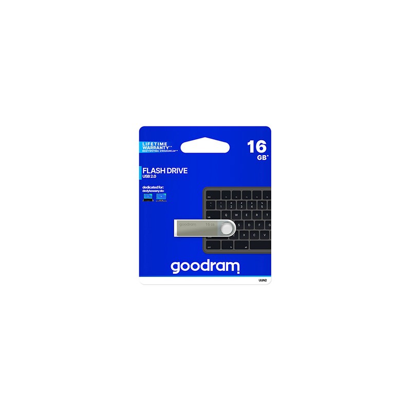 Goodram USB flash disk, USB 2.0, 16GB, UUN2, srebrny, UUN2-0160S0R11, USB A, z oczkiem na brelok