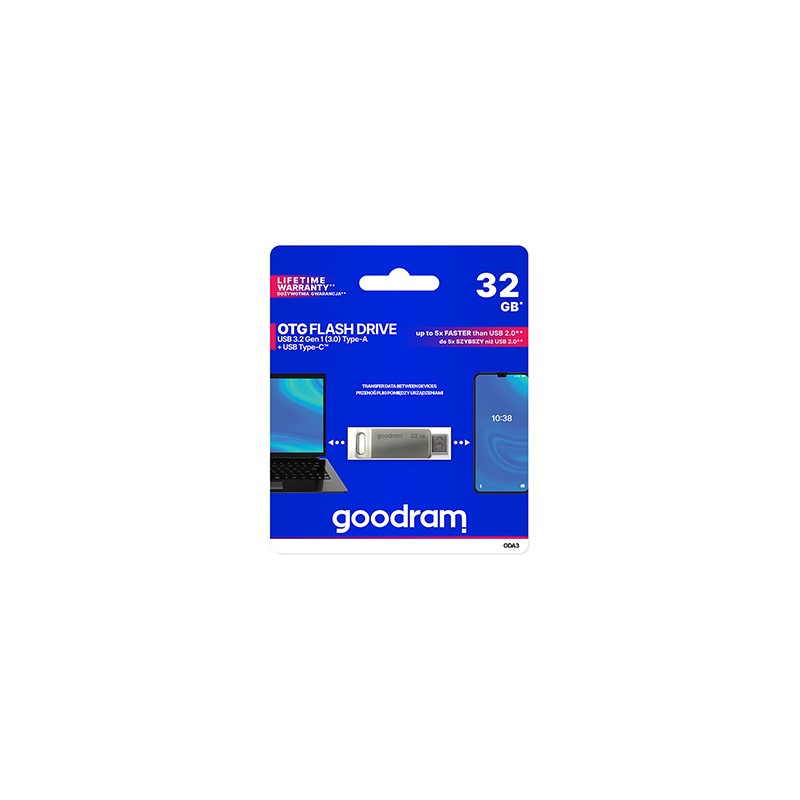 Goodram USB flash disk, USB 3.0, 32GB, ODA3, srebrny, ODA3-0320S0R11, USB A / USB C, z obrotową osłoną
