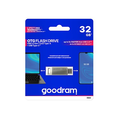 Goodram USB flash disk, USB 3.0, 32GB, ODA3, srebrny, ODA3-0320S0R11, USB A / USB C, z obrotową osłoną
