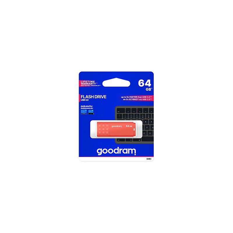 Goodram USB flash disk, USB 3.0, 64GB, UME3, pomarańczowy, UME3-0640O0R11, USB A, z osłoną
