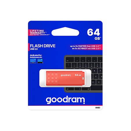 Goodram USB flash disk, USB 3.0, 64GB, UME3, pomarańczowy, UME3-0640O0R11, USB A, z osłoną