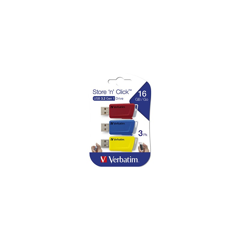 Verbatim USB flash disk, USB 3.0, 16GB, Store N Click, mix kolorów, 49306, USB A, z wysuwanym złączem. 3 szt
