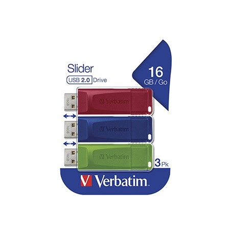 Verbatim USB flash disk, USB 2.0, 16GB, Slider, zielony, niebieski, czerwony, 49326, USB A, z wysuwanym złączem. 3 szt