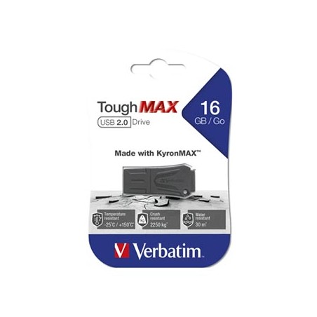 Verbatim USB flash disk, USB 2.0, 16GB, ToughMAX, czarny, 49330, USB A, kompozyt KyronMAX(tm)